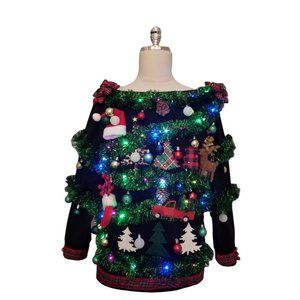 Ugly Christmas Sweater Hand Decorated LED Lights Size Medium Won At Office Party